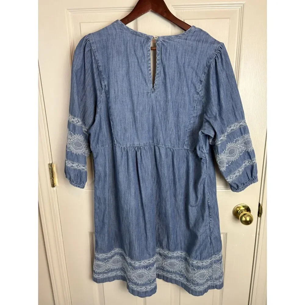 J Jill Denim Blue Jean Dress Embroidered  Summer Knee Length Dress Size Large L - Picture 8 of 8